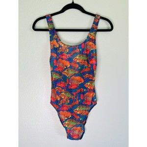 Vintage Solar Mesh One Piece Swimsuit Size 11 / 12 See Through Neon Fish 90s